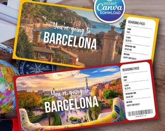 Surprise Barcelona Vacation Travel Ticket Template, Editable Gift Boarding Pass (Canva Digital)