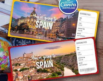 Verrassingssjabloon vakantiereis Spanje, bewerkbare instapkaart cadeau (Canva Digital)