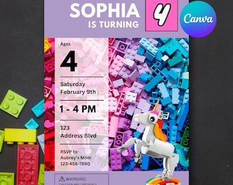 Building Block Girls Birthday Invitation Template, Editable Canva Template (Digital Download Printable)