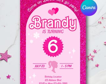 Pink Fashion Doll Girl's Birthday Party Invitation: Editable Canva Template (Digital Download)