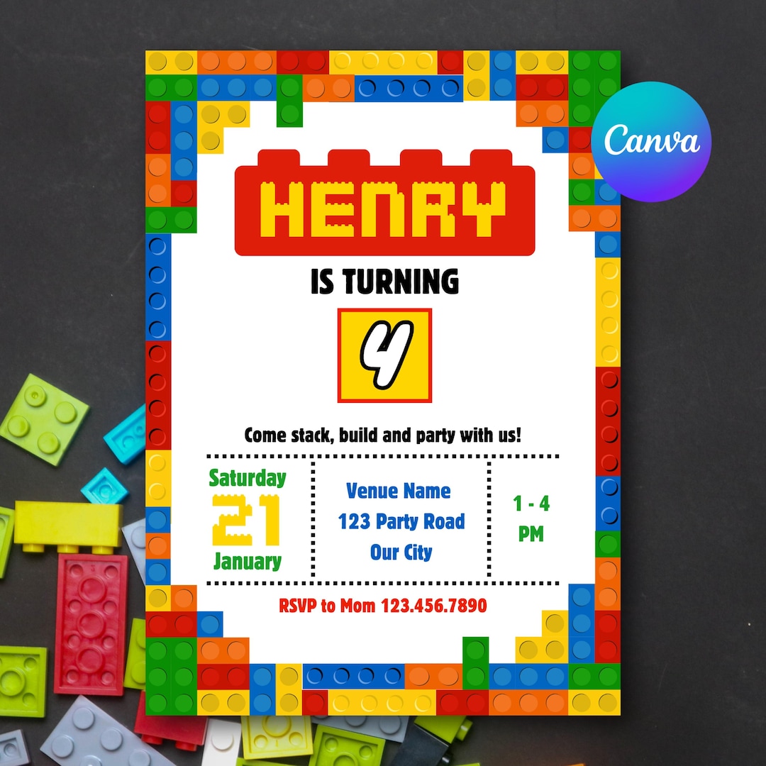 Building Block Kids Birthday Invitation Template, Editable Canva ...
