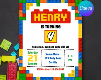 Plantilla de invitación de cumpleaños infantil con bloques de construcción, plantilla editable de Canva (descarga digital e imprimible)