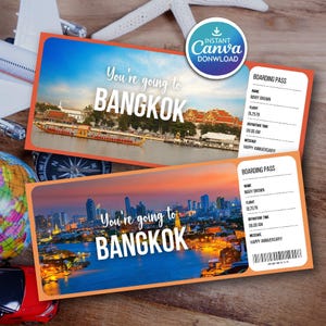 Szablon biletu na wakacje w Bangkoku, edytowalna karta pokładowa na prezent (Canva Digital)