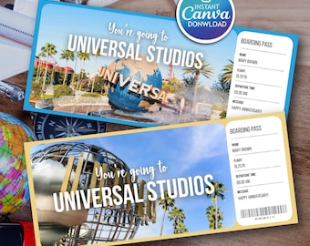 Modelo de Bilhete de Viagem Surpresa para a Universal Studios, Cartão de Embarque de Presente Editável (Canva Digital)