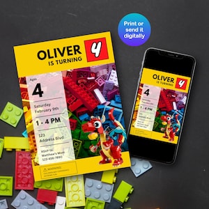 May include: A birthday party invitation with the text "OLIVER IS TURNING 4" in yellow and black. The invitation includes the date, time, and address. A smartphone displays the same invitation. Colorful toy blocks surround the invitation.