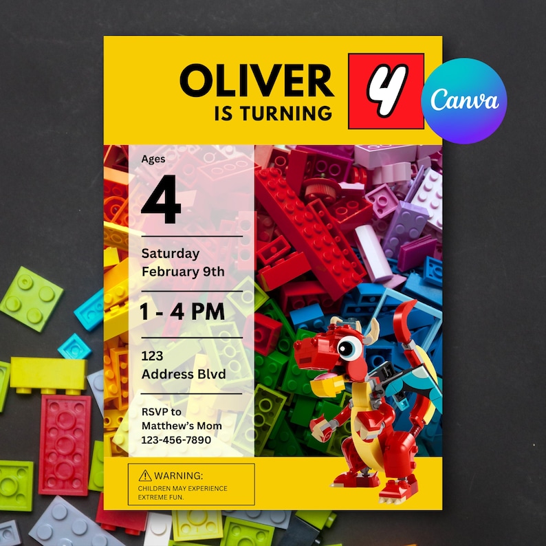 May include: A yellow and white invitation for a fourth birthday party. The invitation features the text "Oliver is Turning 4" and includes the date, time, and location. A red dragon and colorful building blocks are also featured.