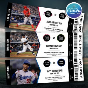 Puede incluir: Tres boletos con temática de béisbol con una imagen de jugador de béisbol. Cada boleto tiene el texto "HAPPY BIRTHDAY DAD! FROM YOUR KIDS" y detalles del evento. Los boletos también incluyen el texto "TEAM VS TEAM" y "ADMIT ONE".