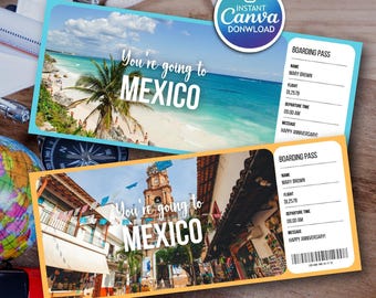 Modello di biglietto di viaggio per le vacanze in Messico a sorpresa, carta d'imbarco regalo modificabile (Canva Digital)