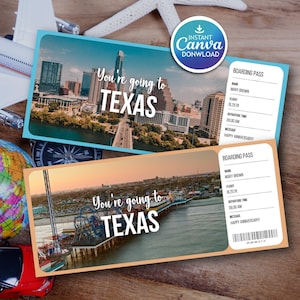 May include: Two boarding pass designs with Texas cityscapes. One shows a skyline, the other a pier at sunset. Text reads "You're going to TEXAS." Each pass includes passenger details and a "Happy Anniversary!" message.