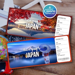 May include: Two travel-themed boarding pass designs with the text "You're going to JAPAN" and scenic images of Japan. One features a red-leafed mountain scene, the other a woman with an umbrella. A "Canva Download" sticker is visible.