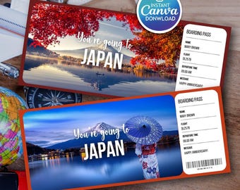 Modello di biglietto di viaggio per le vacanze in Giappone a sorpresa, carta d'imbarco regalo modificabile (Canva Digital)