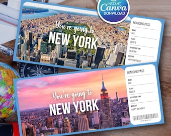 Surprise New York Vacation Travel Ticket Template, Editable Gift Boarding Pass (Canva Digital)
