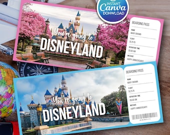 Plantilla de boleto de viaje sorpresa para vacaciones en Disneyland, tarjeta de embarque de regalo editable (Canva Digital)