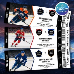 May include: Three hockey-themed birthday tickets with player images. Each ticket features team logos, the text "HAPPY BIRTHAY DAD! FROM YOUR KIDS," and event details. Includes "INSTANT CANVA DONWLOAD" text and "ADMIT ONE" labels.