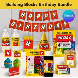Può includere: Un pacchetto per feste di compleanno a tema blocchi di costruzione. Include uno striscione con la scritta "Happy Birthday", bottiglie d'acqua, inviti, un cappello da festa, cupcake e biglietti di ringraziamento. Il tema è per Oliver, che compie 4 anni.