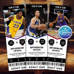 May include: Three basketball-themed tickets with player images and team logos. Each ticket reads "Happy Birthday Dad!" with event details. The tickets are designed for instant download.
