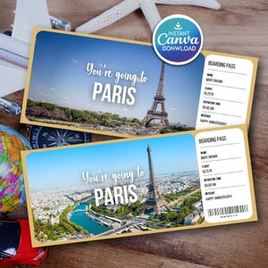 以下が含まれることがあります： エッフェル塔と「You're going to PARIS」の文字が青い空を背景にした2つの搭乗券のデザイン。1つのパスには、名前、フライト、出発時刻などの詳細が記載されています。「Canva Download」のロゴが表示されています。