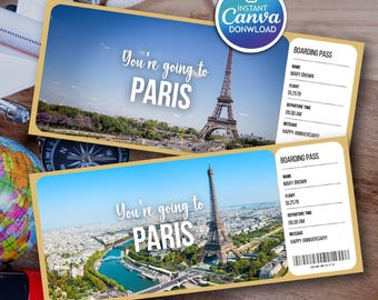 Plantilla de boleto de viaje sorpresa para París: tarjeta de embarque de regalo editable (Canva Digital)