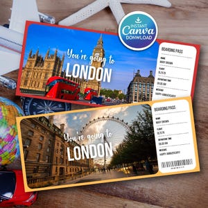 May include: Two London-themed boarding pass designs with the text "You're going to LONDON". One features Big Ben and a red double-decker bus, the other the London Eye. Includes a "Canva Download" logo.