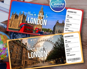 Überraschung London Urlaub Reiseticket Vorlage, bearbeitbare Geschenk Bordkarte (Canva Digital)