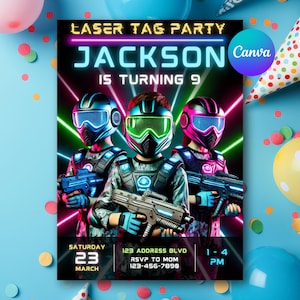 Laser Tag Birthday Invitation Template, Editable Neon Canva Template (Digital Download Printable)