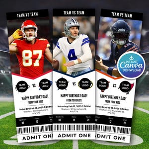 May include: Three football game tickets with players in action. Each ticket has the text "Team vs Team", "Happy Birthday Dad! From Your Kids", and game details. Includes a "Canva" download icon.