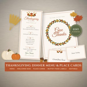 May include: A Thanksgiving dinner menu and place card set featuring autumn leaf illustrations, a wreath graphic, and text including Thanksgiving Dinner, Give Thanks, Roast Turkey, and Grandma Rose, accented by pumpkins and acorns.