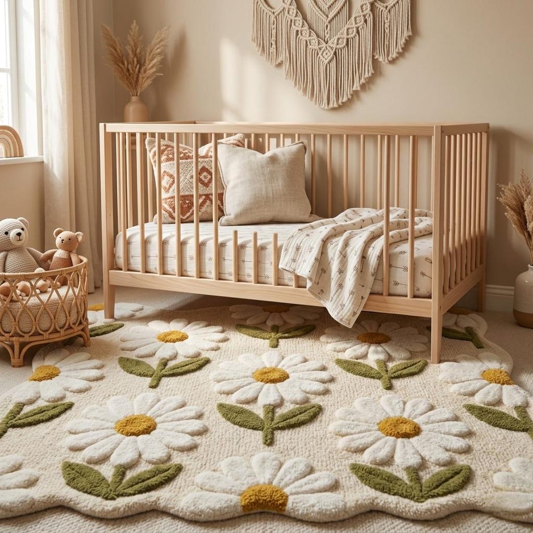 Hand Tufted Daisy Rug 5x8 Wool Floral Area Carpet Scalloped Edge ...