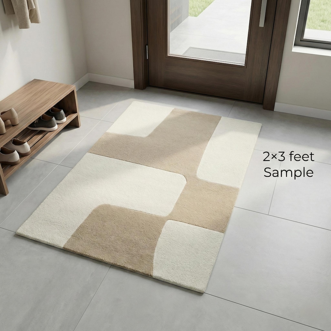 2x3 Ft Wool Rug Sample Neutral Beige White Handmade Area Carpet Custom ...