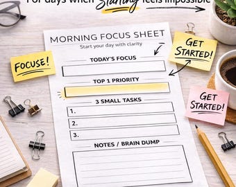 ADHD Focus Reset Sheet Printable – Task Paralysis Planner – Simple Daily Start System for Overwhelmed Minds – Executive Dysfunction Tool PDF