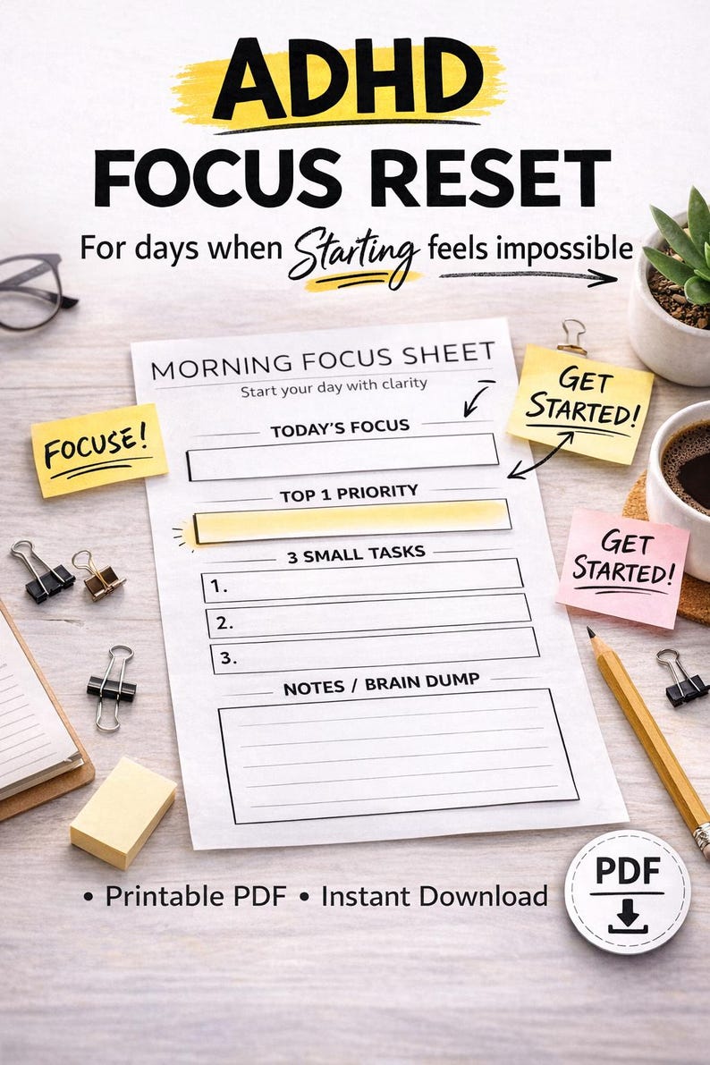 ADHD Focus Reset Sheet Printable – Task Paralysis Planner – Simple ...