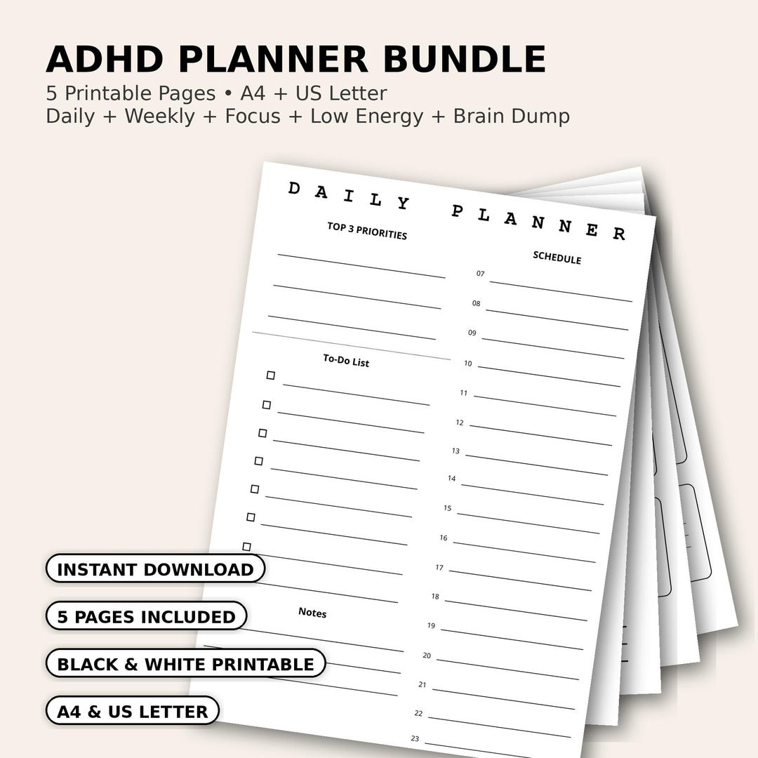 ADHD Planner Printable, Focus & Low Energy Planner Bundle, Daily Weekly ...