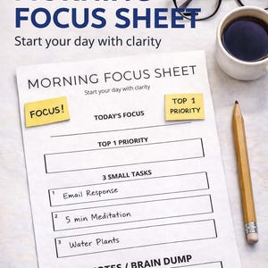 Morning Focus Sheet Printable ADHD Planner – Daily Productivity Minimal Sheet – Top 1 Priority & Brain Dump – Instant Download PDF