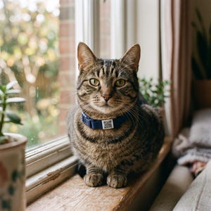 May include: A dark blue cat collar featuring a small white square tag with a black QR code printed on the front. The collar has a plastic buckle closure and is worn around the neck of a brown and black tabby cat sitting on a wooden ledge.