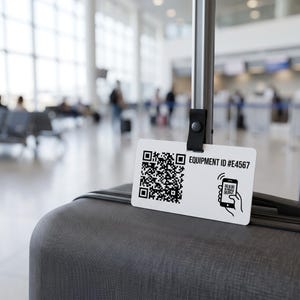 Puede incluir: Una etiqueta de equipaje rectangular blanca sujeta al asa de una maleta con una correa negra. La etiqueta presenta un código QR negro, el texto "EQUIPMENT ID #E4567" y un icono lineal negro de una mano sosteniendo un teléfono inteligente.