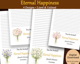 Papier do pisania listów na Konwencję Świadków Jehowy 2026, papeteria do Ministerstwa Świadków Jehowy do druku, Wieczne szczęście, linia bez linii, PDF A4, list do USA