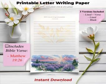 Papel para escribir cartas de los Testigos de Jehová con versículo bíblico, papelería cristiana alentadora imprimible, Mateo 19:26, descarga digital del ministerio