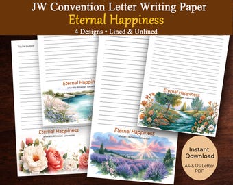 Papel para escribir cartas de la convención de los Testigos de Jehová de 2026, papelería imprimible de los Testigos de Jehová sobre la Felicidad Eterna, papel para cartas del ministerio en formato A4 (PDF).