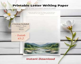Papel para escribir cartas de los Testigos de Jehová con versículo bíblico, papelería cristiana alentadora imprimible, Isaías 43:2, descarga digital del ministerio