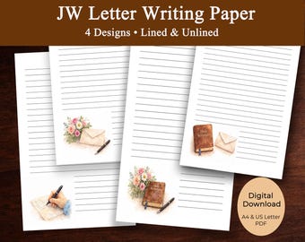 Paquete de papelería imprimible para escribir cartas de los Testigos de Jehová, papelería ministerial para Testigos de Jehová, papel de escritura rayado y en blanco en formato PDF, tamaño carta estadounidense A4.