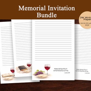 May include: A bundle of lined memorial invitation papers. The papers feature illustrations of a Bible, wine glasses, bread, and grapes. Text includes "Memorial Invitation Bundle", "JW Writing Paper", and a Bible verse.
