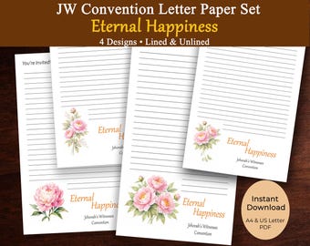 Papel para escribir cartas de la Convención de Testigos de Jehová 2026, Felicidad Eterna (imprimible), juego de papelería de Testigos de Jehová en PDF, tamaño carta estadounidense A4 con y sin líneas.