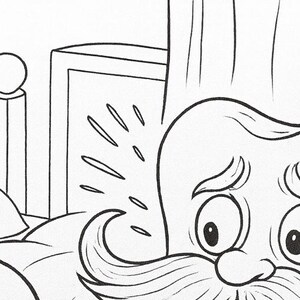 May include: Black and white illustration of a cartoon cat-like creature cutting the hair of a surprised, tooth-shaped character with scissors. A teddy bear and a candle are also in the scene. The image is a line drawing.