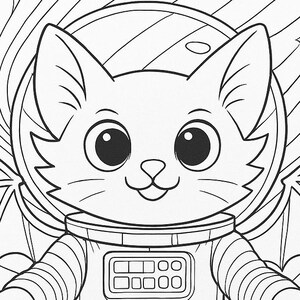 May include: Black and white illustration of a cat in an astronaut suit with bat wings, floating in space. The cat has large eyes and is surrounded by stars and curved lines. The image is a coloring page.