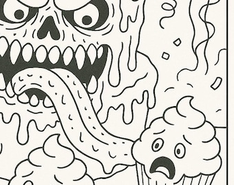 Creepy Birthday Cake Coloring Page | Spooky Cute Horror Dessert Art | Printable Goth Coloring Sheet | Fun Dark Humor Adult Coloring