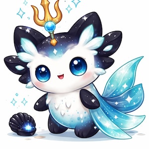 May include: A cute cartoon creature with large blue eyes, a golden trident crown, and a seashell. The creature has a white body with black and blue accents, and a blue tail with sparkling stars. The overall theme is fantasy.