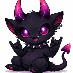 Puede incluir: Ilustración de un diablo de dibujos animados con pelaje negro, cuernos rosas y grandes ojos morados. Lleva un collar con tachuelas y hace un gesto de rock and roll con la mano. Una cola rosa en forma de flecha completa el diseño.