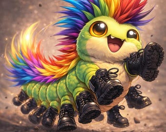 Regenbogen Raupe Malseite, Fantasy Käfer mit Stiefeln zum Downloaden