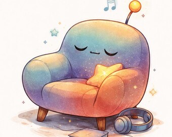 Gemütlicher Musik-Stuhl Malseite druckbare, entspannende Fantasy Zimmer digitaler Download