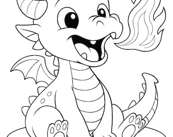 Página para colorear de un bebé dragón / Arte fantástico que escupe fuego (Descarga digital)